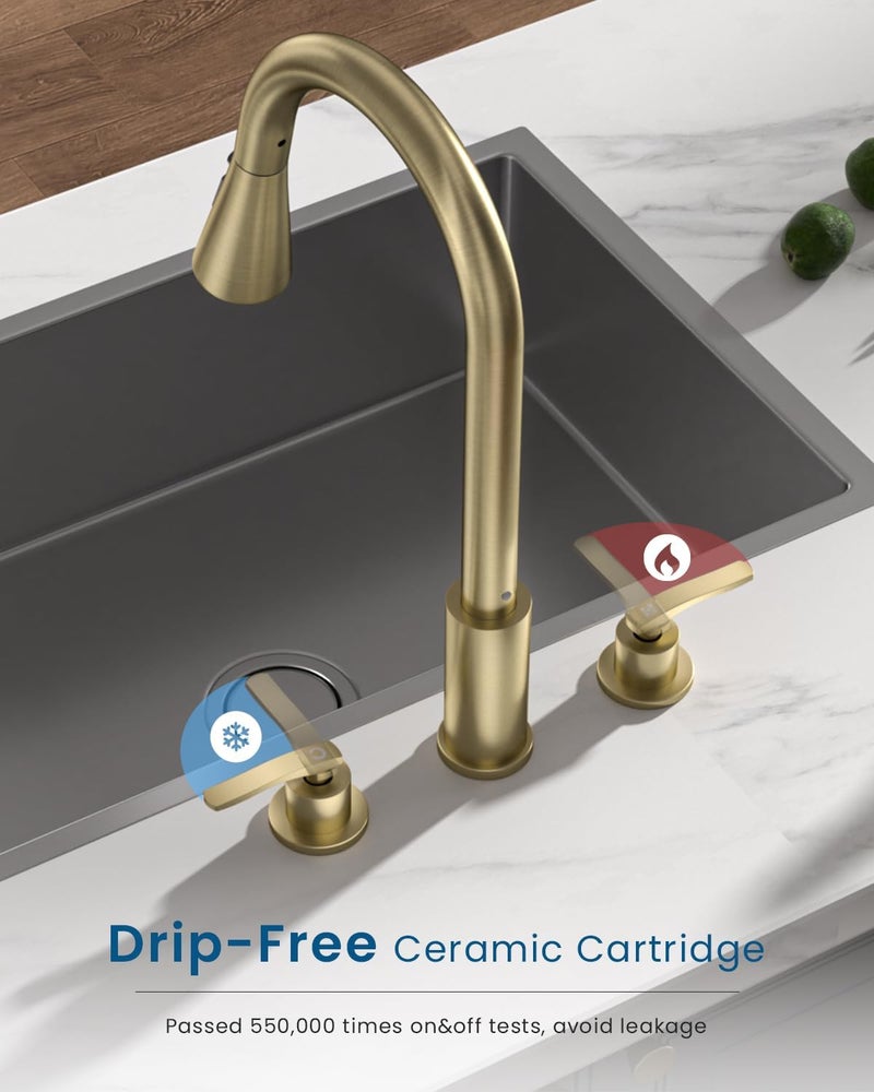 DAYONE 2 Handle Kitchen Faucet with Pull Down Sprayer, 4 Hole Sink Faucets with Separate Handle for Kitchen RV Laundry Bar, 3 Modes, SUS304 Stainless Steel, Brushed Gold - Image 3
